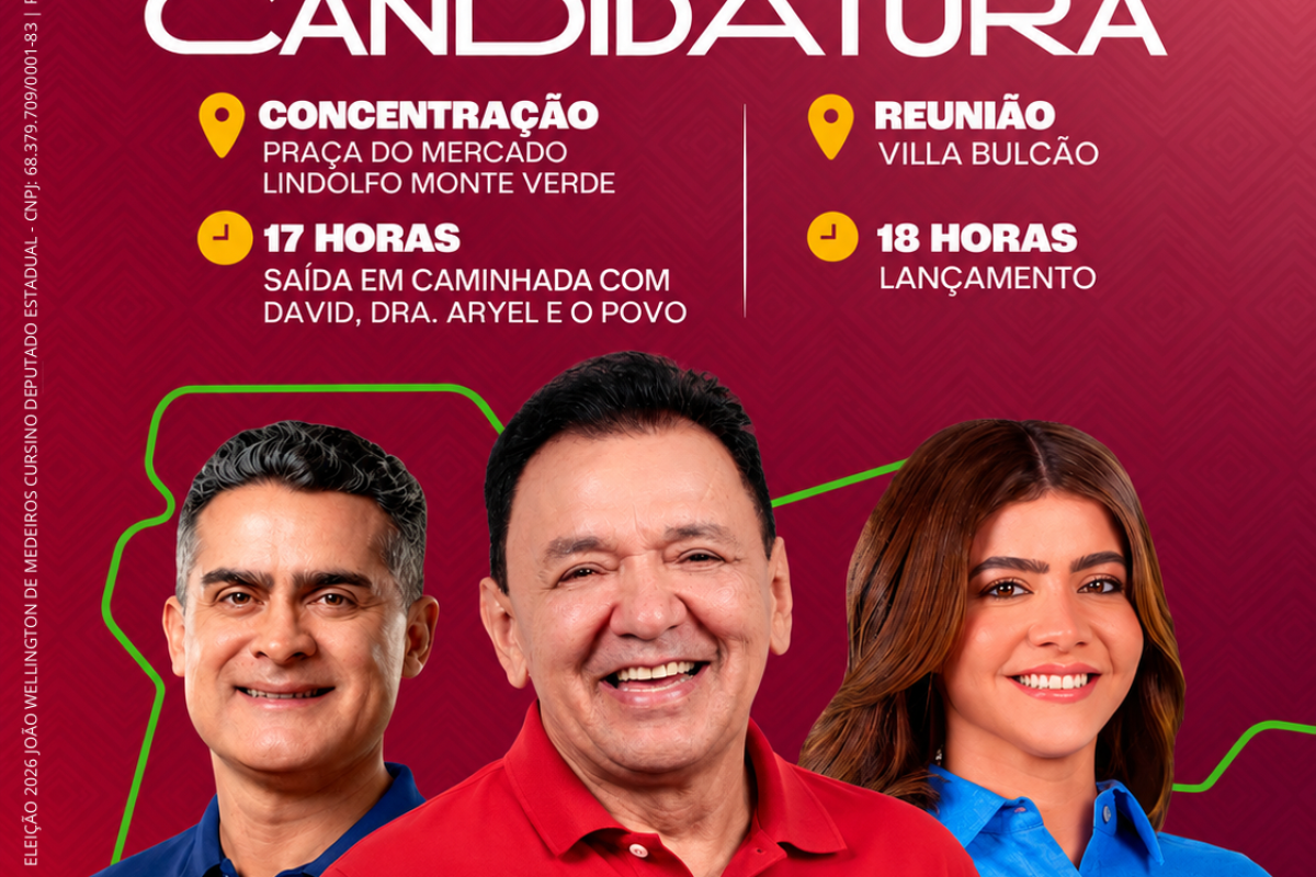 Arte oficial divulga o lançamento da candidatura de Tony Medeiros a deputado estadual, com participação de David Almeida e Dra. Aryel, em Parintins.