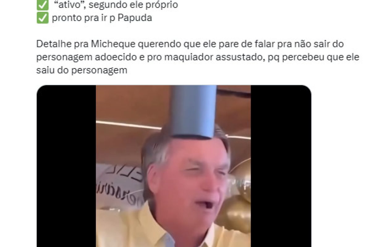 Texto de uma das versões compartilhadas no Twitter: “Saudável, corado, sem soluço, “ativo”, segundo ele próprio pronto pra ir p Papuda. Detalhe pra Micheque querendo que ele pare de falar pra não sair do personagem adoecido e pro maquiador assustado, pq percebeu que ele saiu do personagem”