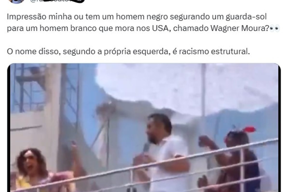 Texto de uma das versões compartilhadas no Twitter: “Impressão minha ou tem um homem negro segurando um guarda-sol para um homem branco que mora nos USA, chamado Wagner Moura? O nome disso, segundo a própria esquerda, é racismo estrutural.” (foto: Reprodução/Twitter)