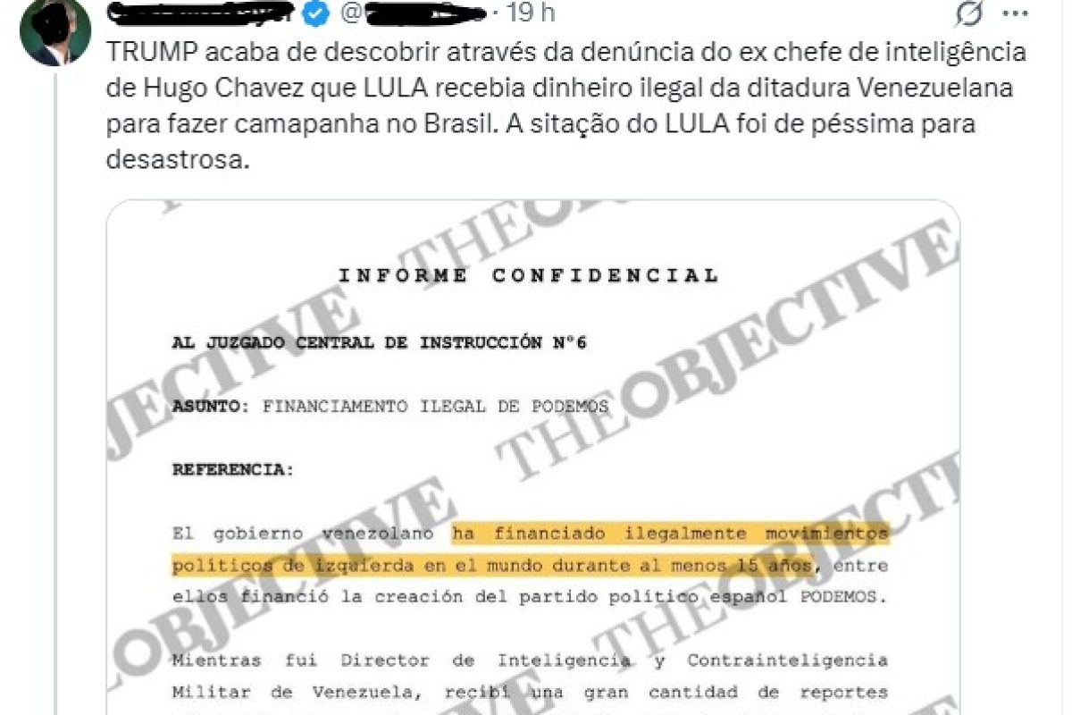 Texto de uma das versões compartilhadas no Twitter: “TRUMP acaba de descobrir através da denúncia do ex chefe de inteligência de Hugo Chávez que LULA recebia dinheiro ilegal da ditadura venezuelana para fazer ‘camapanha’ (SIC) no Brasil. A ‘sitação’ (SIC) do LULA foi de péssima para desastrosa.” (foto: Reprodução/Twitter)