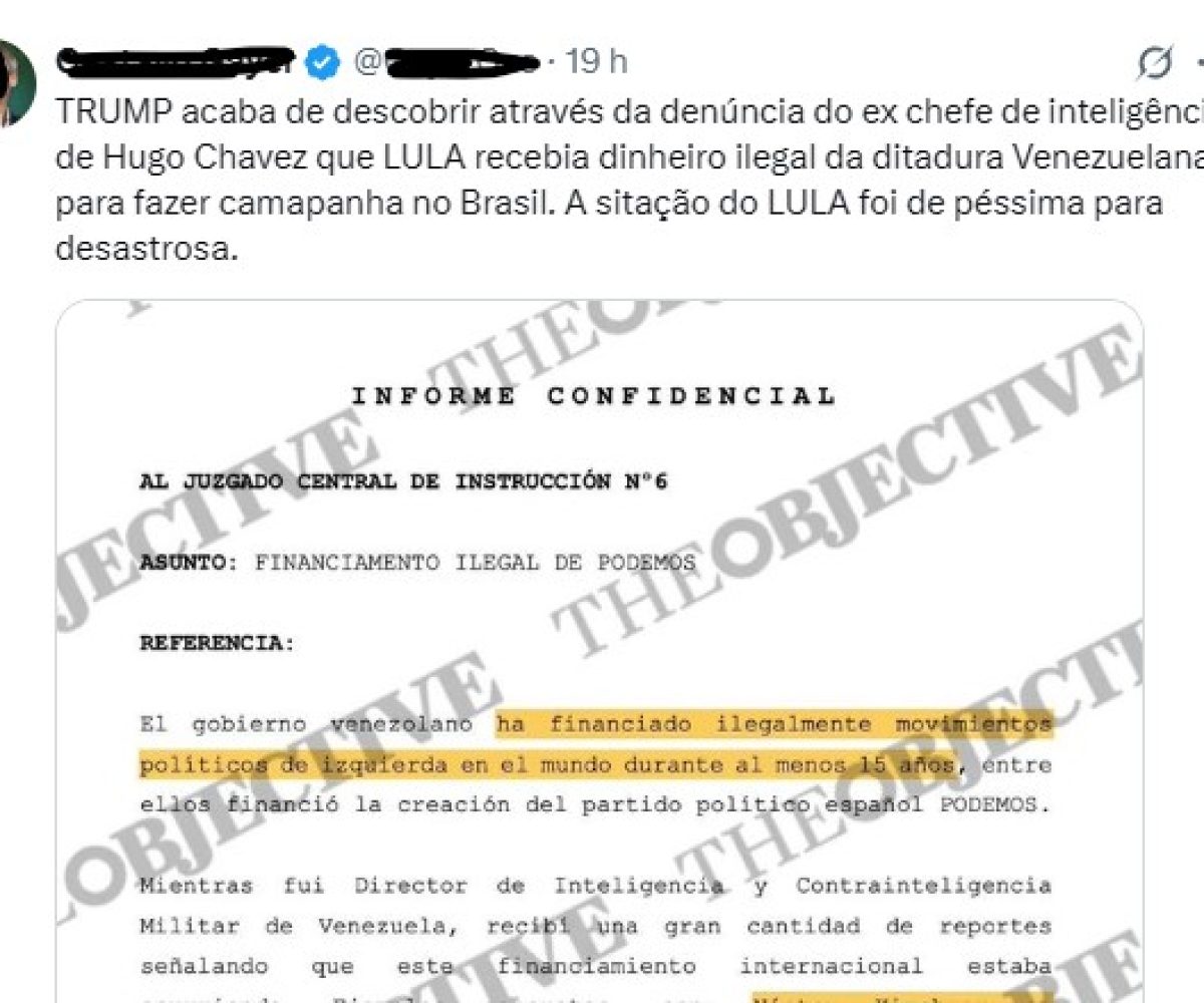 Texto de uma das versões compartilhadas no Twitter: “TRUMP acaba de descobrir através da denúncia do ex chefe de inteligência de Hugo Chávez que LULA recebia dinheiro ilegal da ditadura venezuelana para fazer ‘camapanha’ (SIC) no Brasil. A ‘sitação’ (SIC) do LULA foi de péssima para desastrosa.” (foto: Reprodução/Twitter)